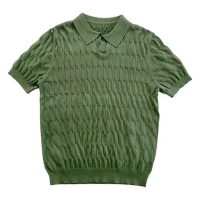 Men White Knitted V Neck Polo T-Shirt