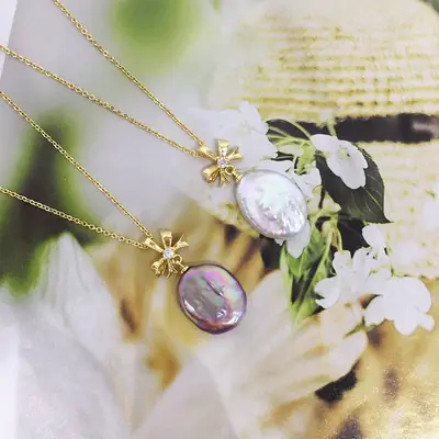 Natural Pearl Pendant Light Gold Bow Baroque Jewelry