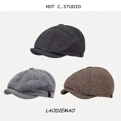 Men's British Herringbone Peaked Cap Black