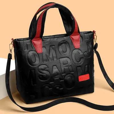 Black Embossed Letter Tote Bag for Women with Red Handles