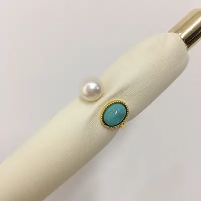 Natural Freshwater Pearl Open Ring with Turquoise Stone 18K Gold