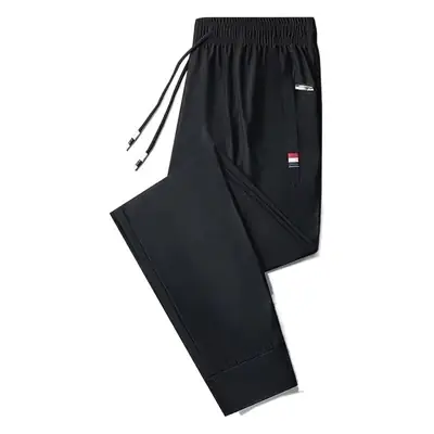 Men Black Zipper Ice Silk Pants Summer Loose