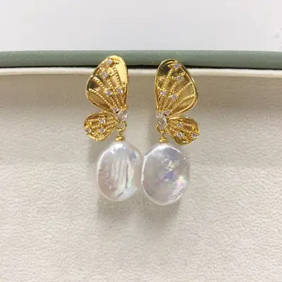 18K Gold Butterfly Pearl Earrings for Women