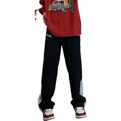 Men Heavy Striped Sweatpants Red Black American High Street