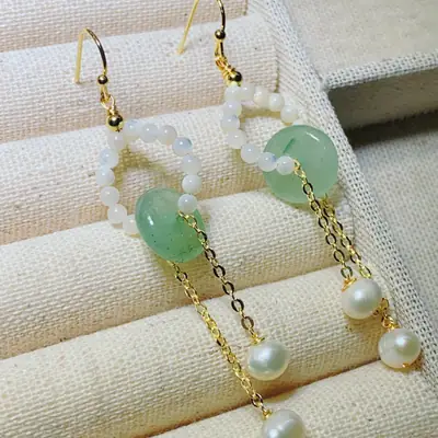 Handmade Pearl Earrings with Pink Jade Tassel