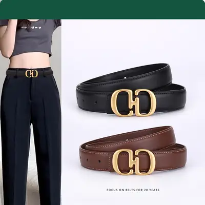 Women's Leather Belt with Gold Cd Buckle Design