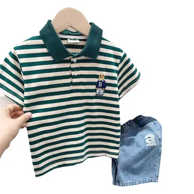 Boys Striped Polo T-Shirt Green White Medium Big