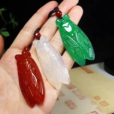 Ice Chalcedony Jade Cicada Pendant for Men Women Green Red White