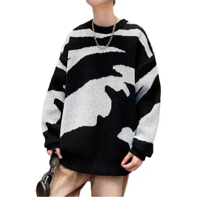 Leopard Print Long Sleeve Knitted Sweater Black White