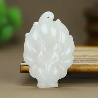 White Nine-Tailed Jade Pendant for Men Women Wealth Luck