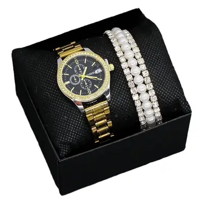 Women's Gold Dial Watch with Pearl & Diamond Bracelet Set
