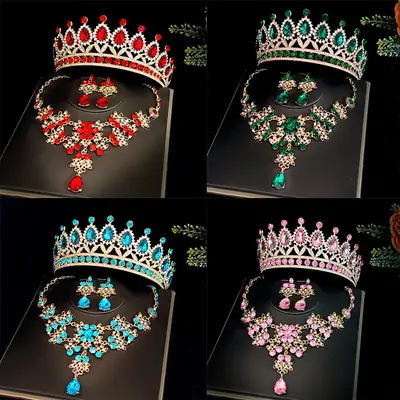 Korean Bridal Crown Headdress Necklace Earrings Set