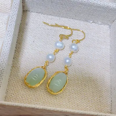 Chinese Court Style Pearl Earrings with Green & Pink Accents