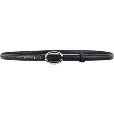 Women's Black Leather Belt with Silver Buckle