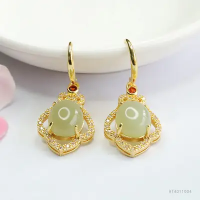 Guan Yu Jade Earrings Clear Water Green Gold