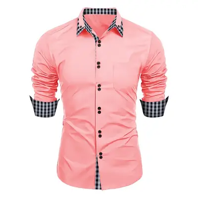 Men's Pink Plaid Slim Fit Shirt Long Sleeve