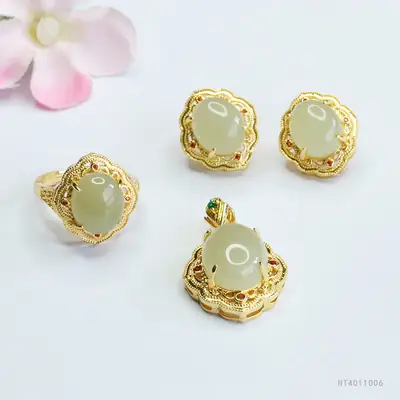 Guan Yu Jade Set Three-Piece Pendant Earrings Ring Set