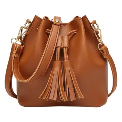 Brown PU Bucket Bag with Tassel Drawstring for Women