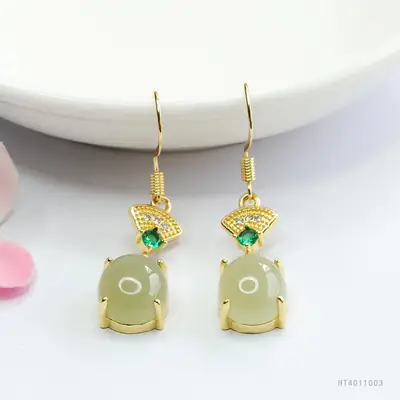 Guan Yu Jade Clear Water Earrings Gold Plated