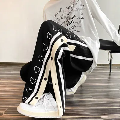 Men's Black Heart Print Wide Leg Track Pants