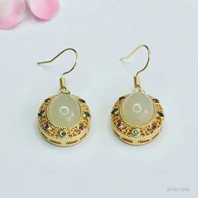 Guan Yu Hetian Jade Clear Water Earrings Gold Plated
