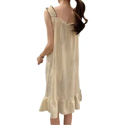 Fairy-Style Thin Polyester-Cotton Camisole Nightgown, Lazy Style, Breathable for Summer, Can Be Worn Outside, Girl's Home Wear, Sleeveless, Mid-Length