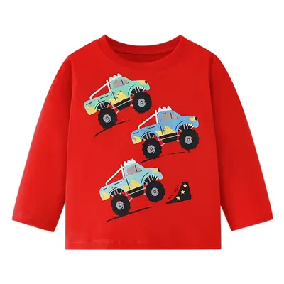 Red Kids T-Shirt with Monster Car Print Round Neck