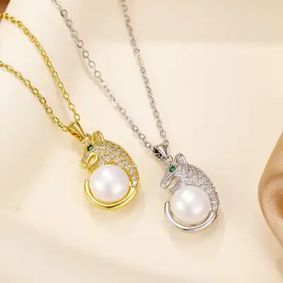 Leopard Head Zircon Pearl Necklace for Women