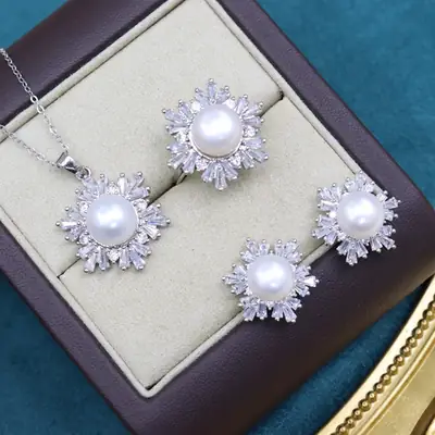 Three-Piece Pearl Jewelry Set for Women Silver