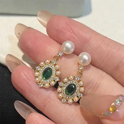 Yuhe Pearl Emerald Earrings French Retro Elegant High-class Elegant Earrings