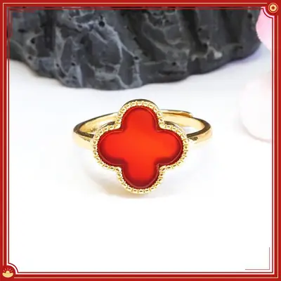 Red Agate Four-Leaf Clover Ring Gold Plated