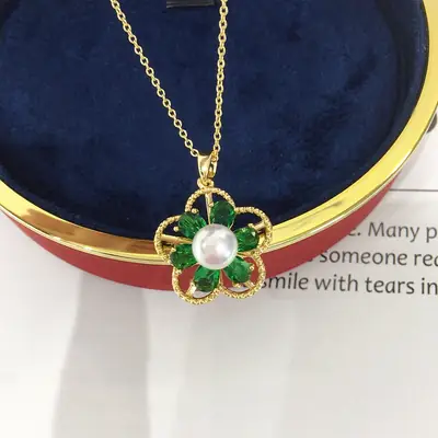 Natural Pearl Necklace with Green Zircon Flower Design
