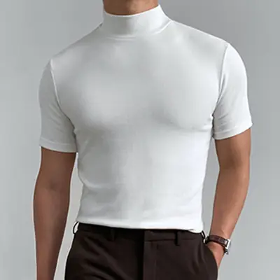 Men Black Turtleneck Short Sleeve T-Shirt 2024