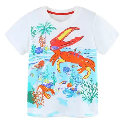 Kids Cartoon Printed Cotton T-Shirt White Red Crabs