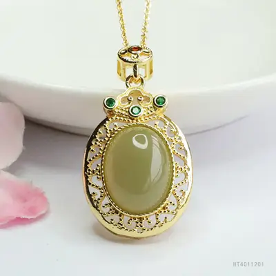 Guan Yu Jade Pendant Necklace Clear Water Jade Vintage Gold