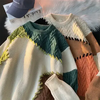Men's Women's Stitching Contrast Sweater Winter Furry Lazy Knit