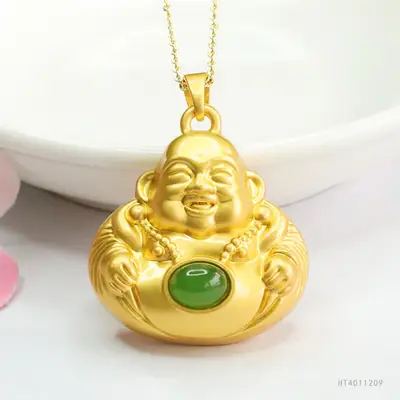 Guan Yu Maitreya Buddha Necklace Gold Green Jade
