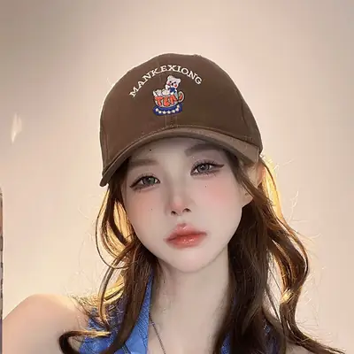 Cute Bear Embroidered Black Baseball Cap for Girls