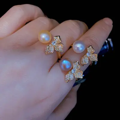 Adjustable Pearl Flower Ring with Zircon Accents
