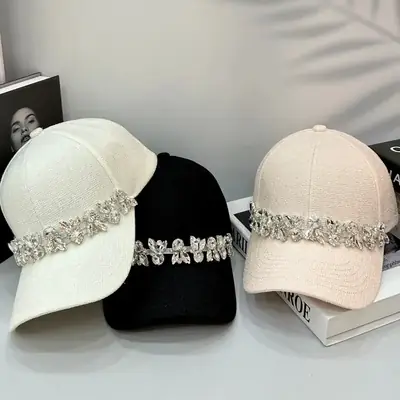 Women Rhinestone Baseball Cap Black White