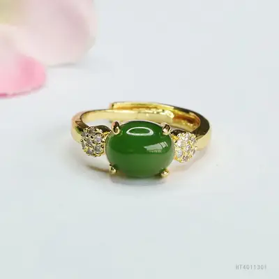 Green Jade Spinach Ring for Women Gold Plated