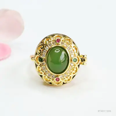 Green Jade Spinach Ring for Women Gold Plated