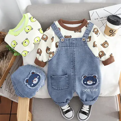 Baby Cartoon T-Shirt & Strap Suit Blue Denim Bear Cute