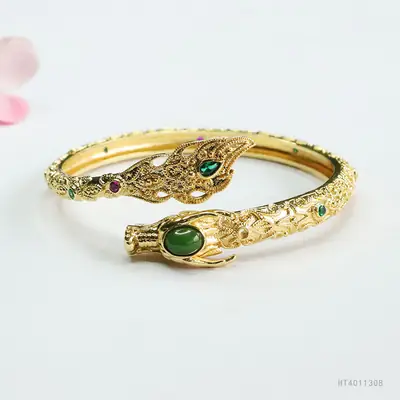 Guan Yu Jade Dragon Bracelet Gold Green Stone