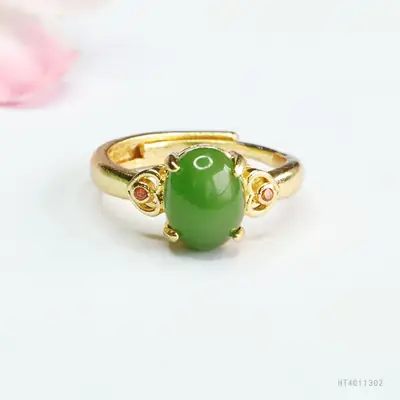 Spinach Green Jade Ring with Gold Plated Design