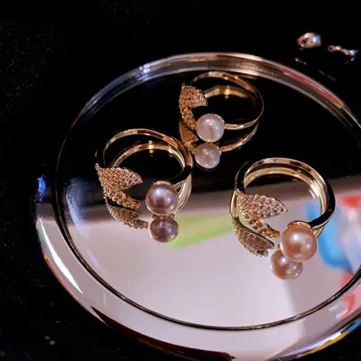 Women's Pearl Leaf Design Adjustable Ring