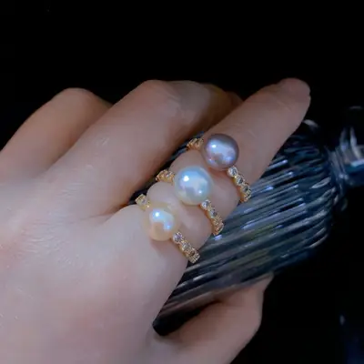 Natural Freshwater Pearl Ring with Zircon & Drill Design