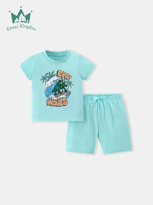 Kids Short Sleeve T-Shirt Green Dino Design