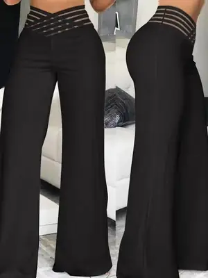 2024 Women's Black Micro Belt Trousers Wide Leg Casual