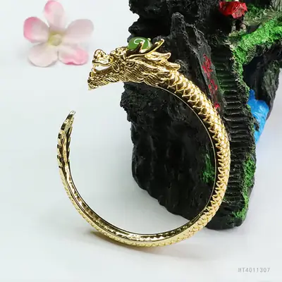 Guan Yu Jade Dragon Bangle Gold Green Stone